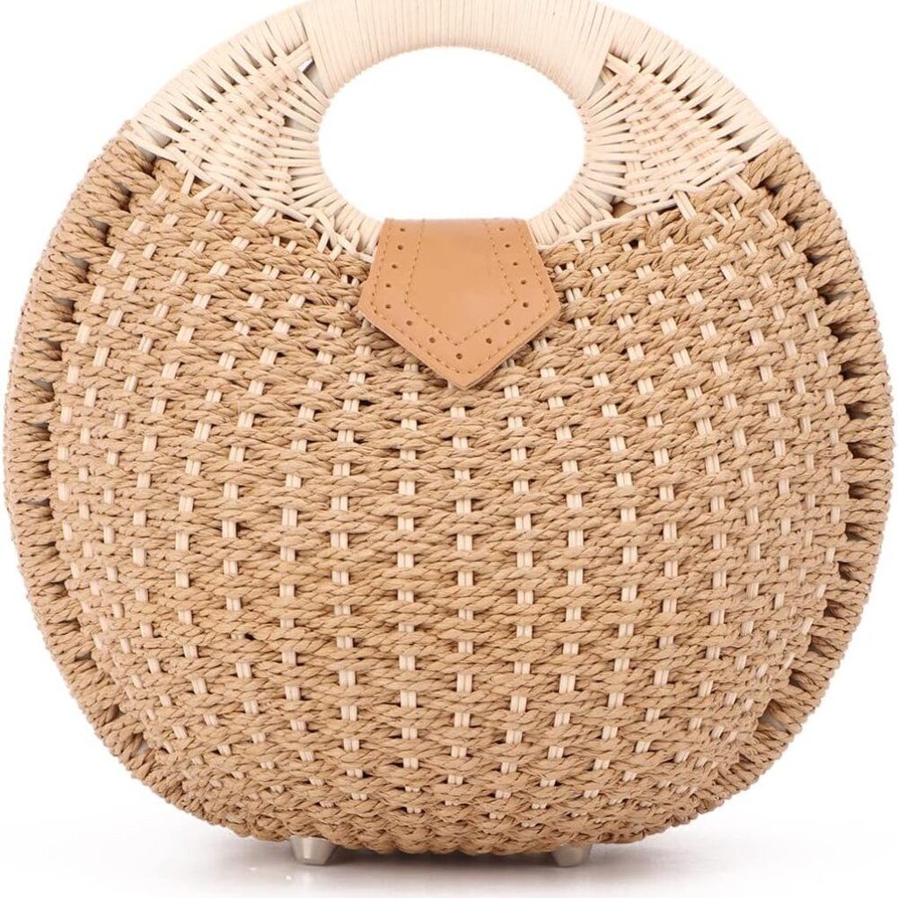 Straw Purses for Women Summer Beach Rattan Tote Bag Round Handle Ring Handbag Re